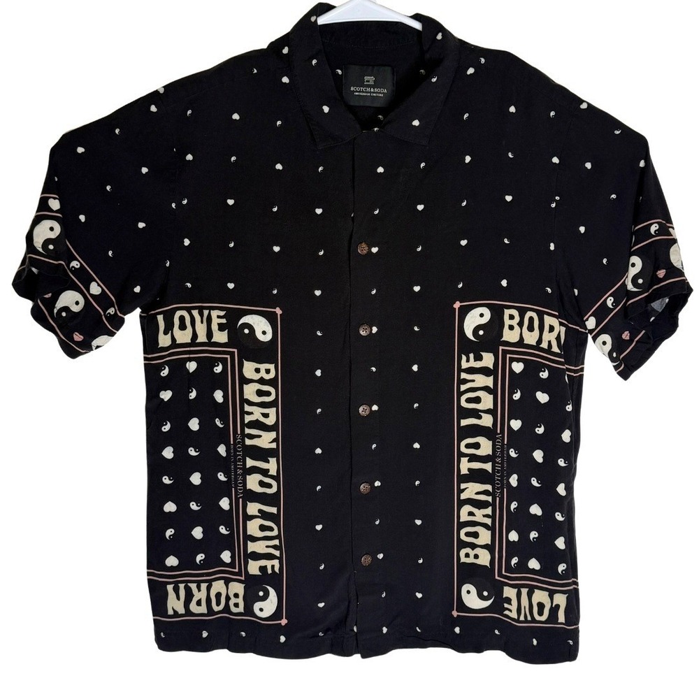Scotch Soda Mens Black Born to Love Yin Yang Short Sleeve Button Up Shirt Size S